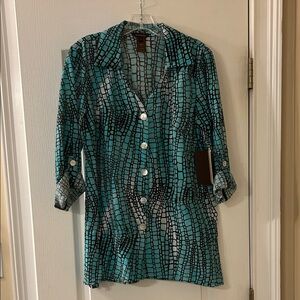 Multiples Turquoise and Black Patterned Shirt
